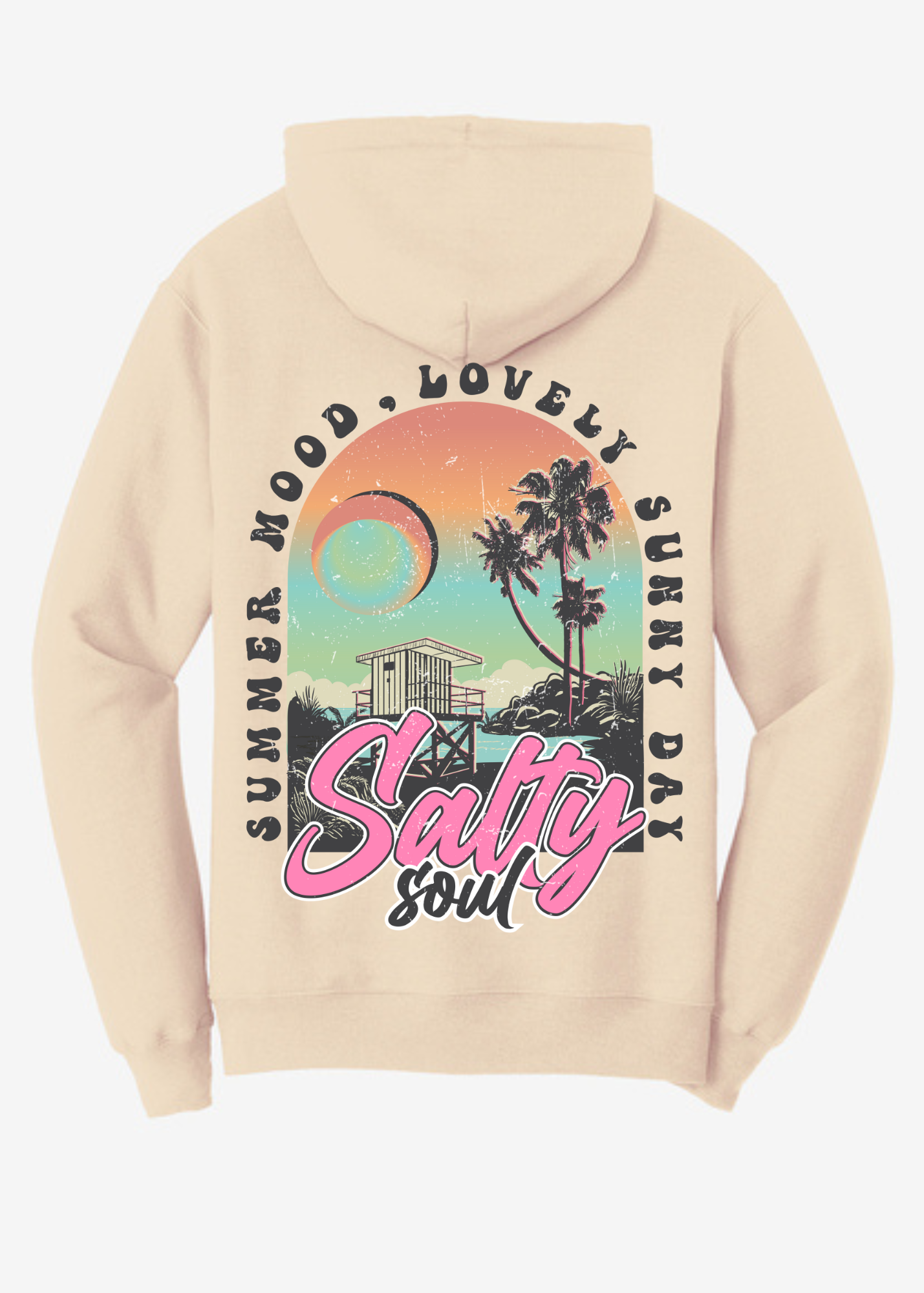 Cream-colored unisex hoodie featuring a large, colorful back graphic. The design includes a vibrant sunset sky in orange, teal, and lavender tones with a crescent moon, tall palm trees, a lifeguard tower, and ocean waves. The text "Summer Mood, Lovely Sunny Day" curves around the top of the image, while the bold phrase "Salty Soul" is prominently displayed at the bottom in large pink and white retro-style script. The graphic has a vintage, worn-in texture, creating a laid-back coastal aesthetic.