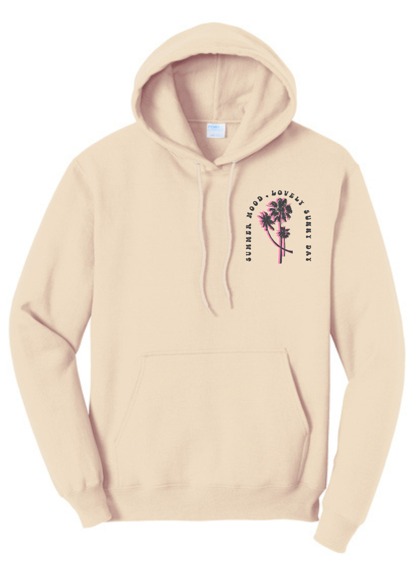 Cream-colored unisex hoodie with a front pocket and adjustable drawstrings. The left chest area features a small, curved text design reading "Summer Mood, Lovely Sunny Day" encircling a graphic of three palm trees in a pink and black gradient style, giving off a retro, beachy vibe.