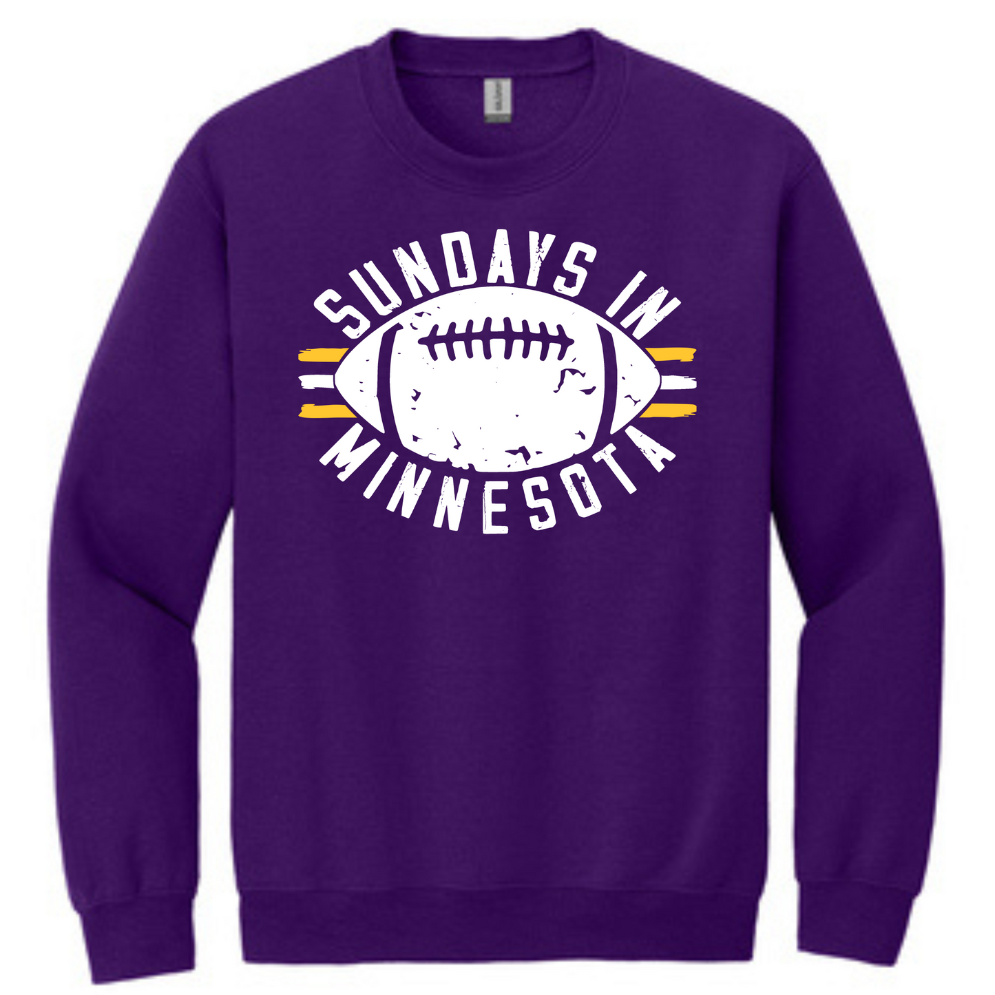 A purple sweatshirt with a graphic of a football and the text 'SUNDAYS IN MINNESOTA'.