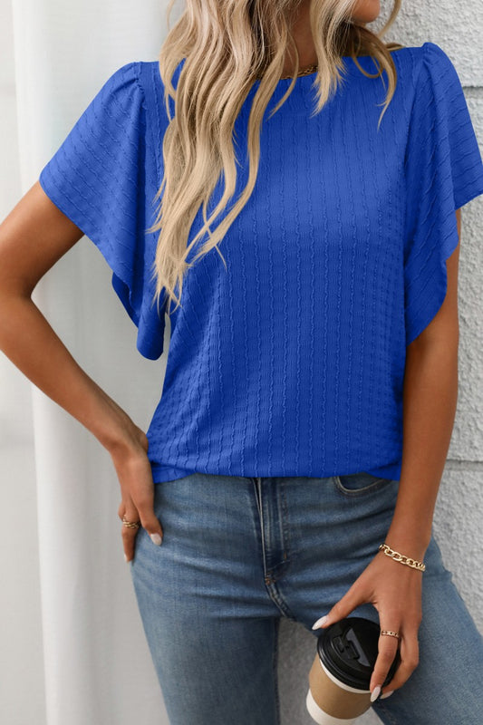 Taliah Textured Flutter Sleeve Top | Blue