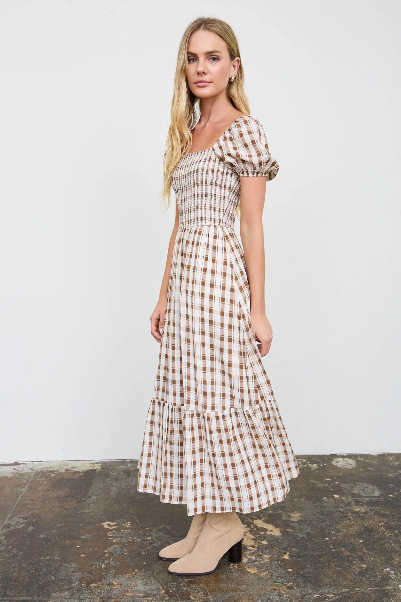 Leah Plaid Midi Dress | Brown