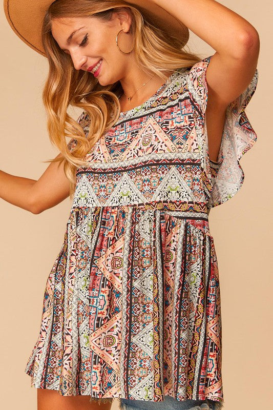 Payton Geometric Boho Babydoll Top - Our Little Secret Boutique