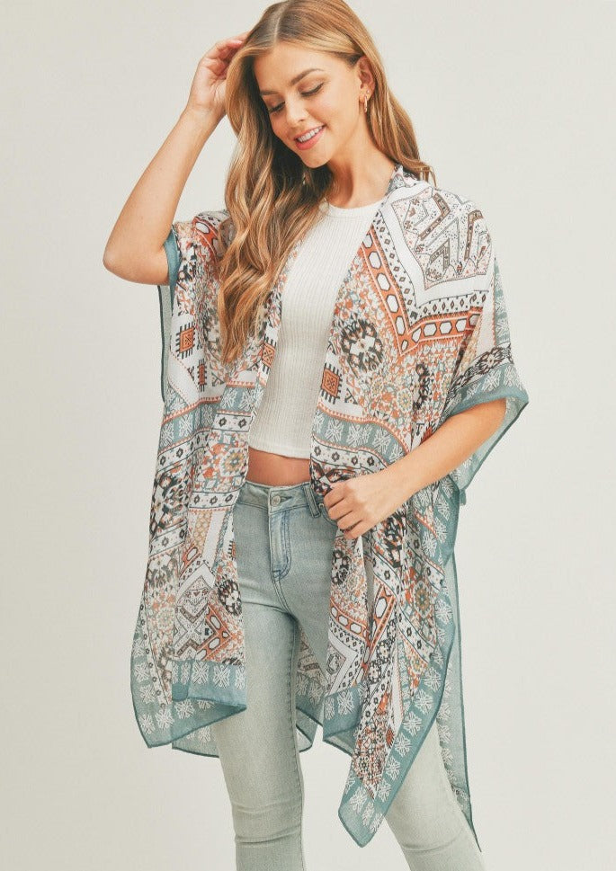 Paige Patchwork Print Kimono | Turquoise