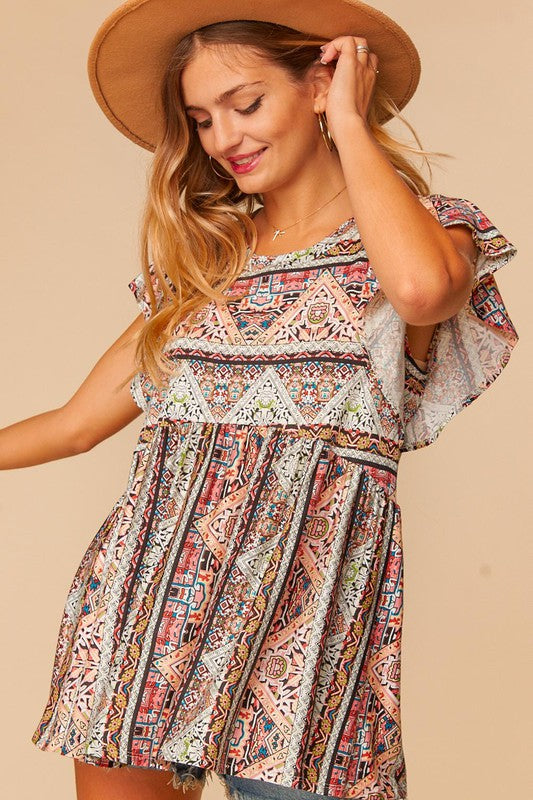 Payton Geometric Boho Babydoll Top - Our Little Secret Boutique