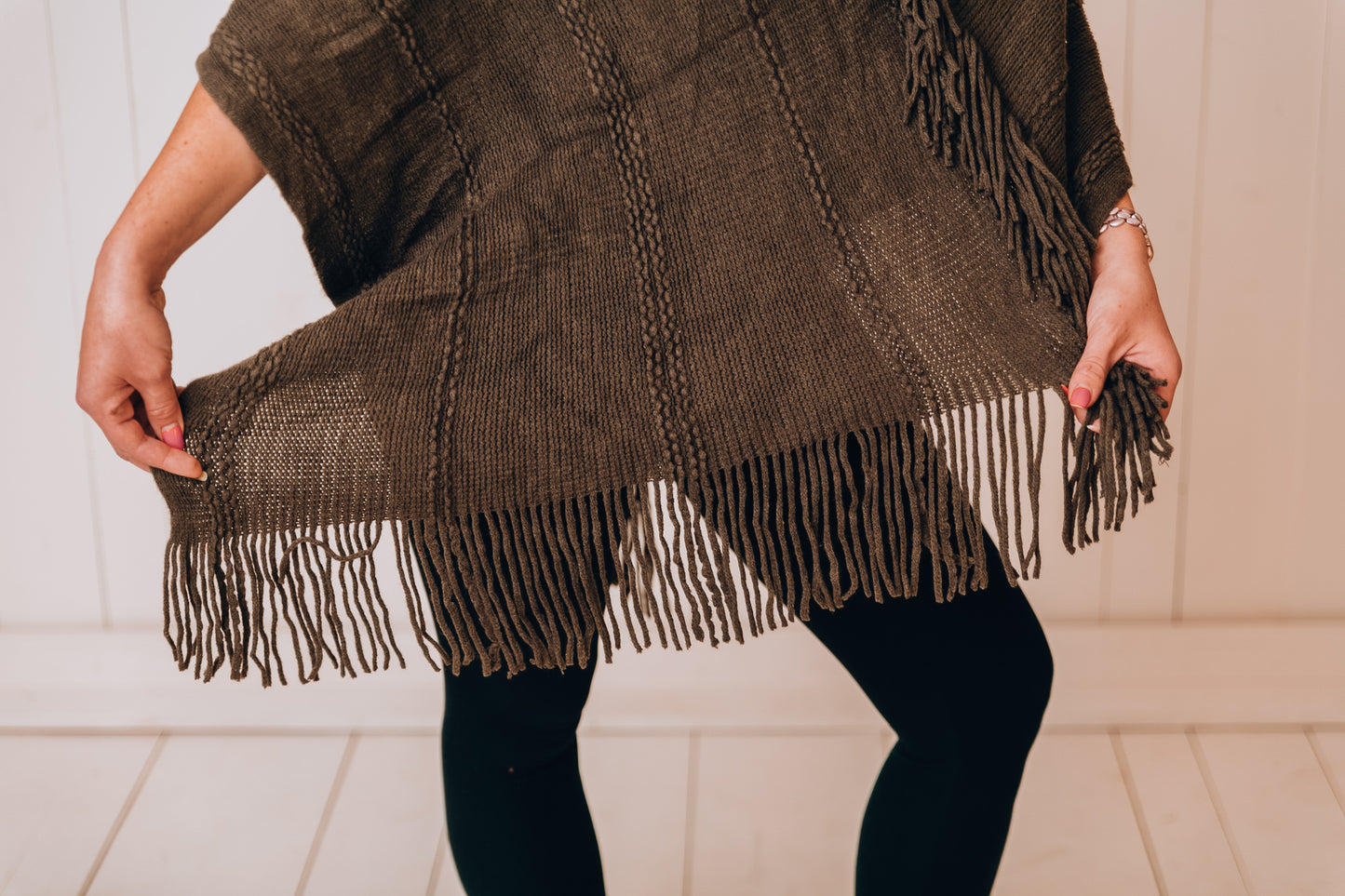 Tillie Wooden Button Fringe Poncho - Our Little Secret Boutique