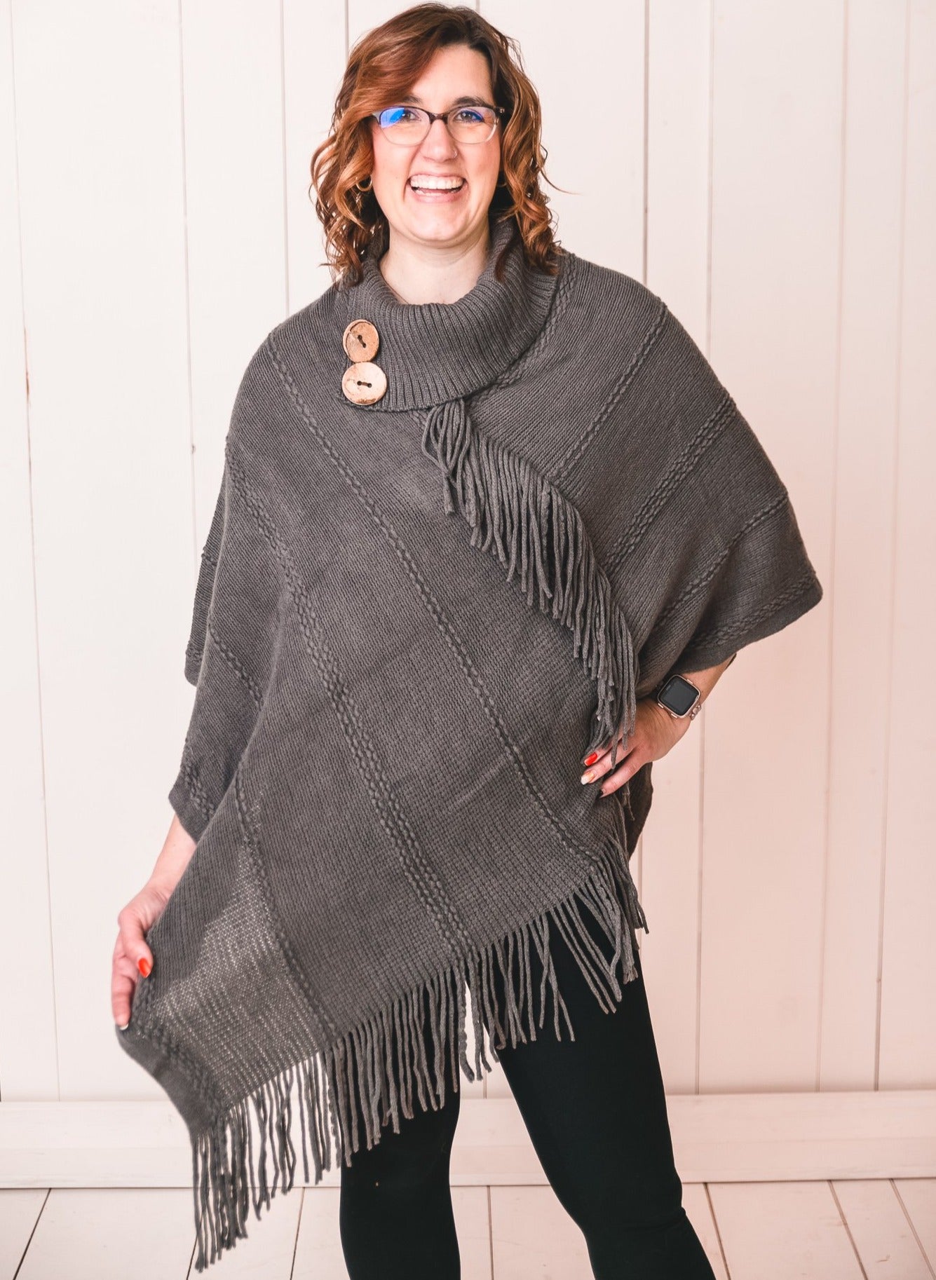 Tillie Wooden Button Fringe Poncho - Our Little Secret Boutique