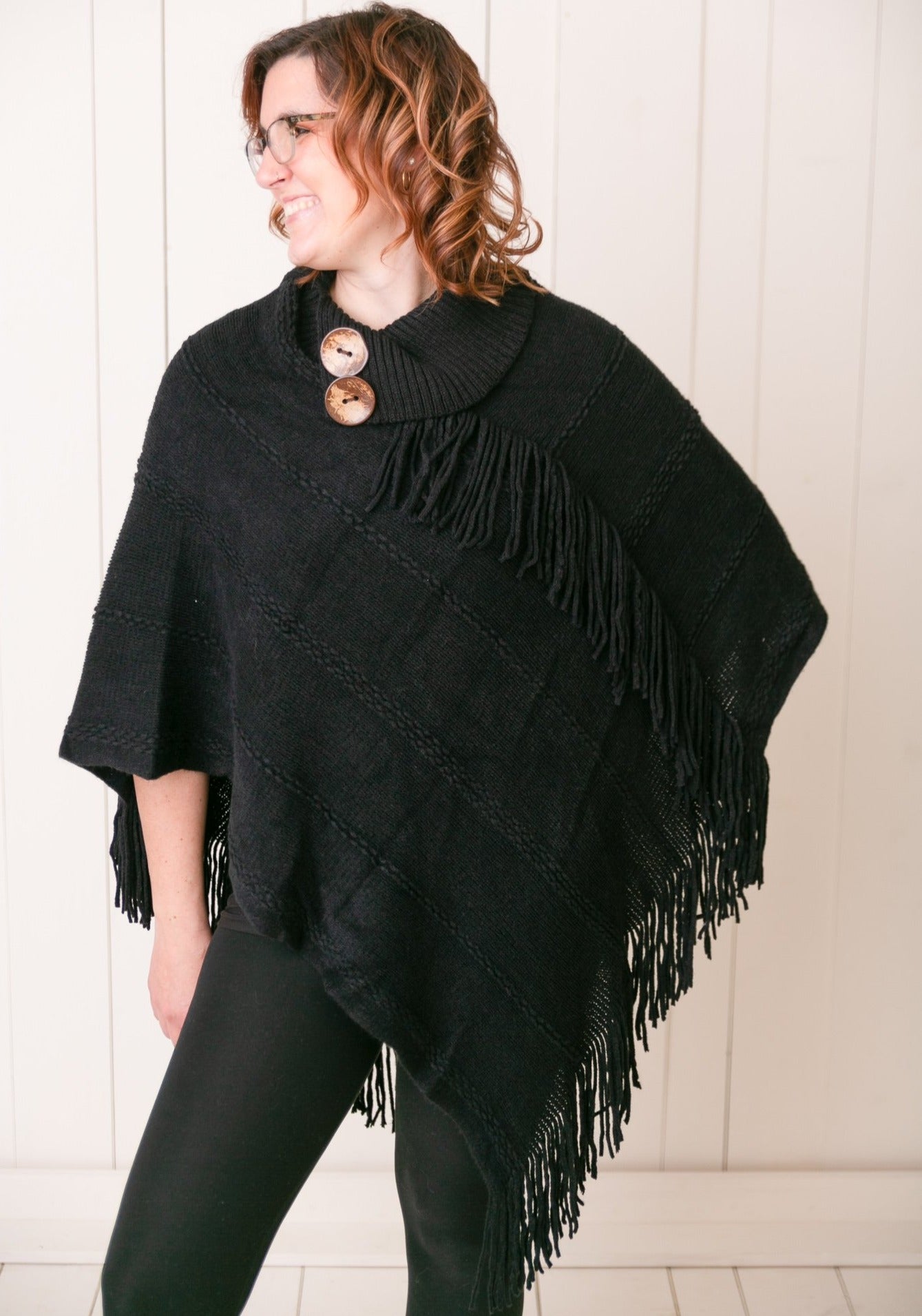 Tillie Wooden Button Fringe Poncho - Our Little Secret Boutique