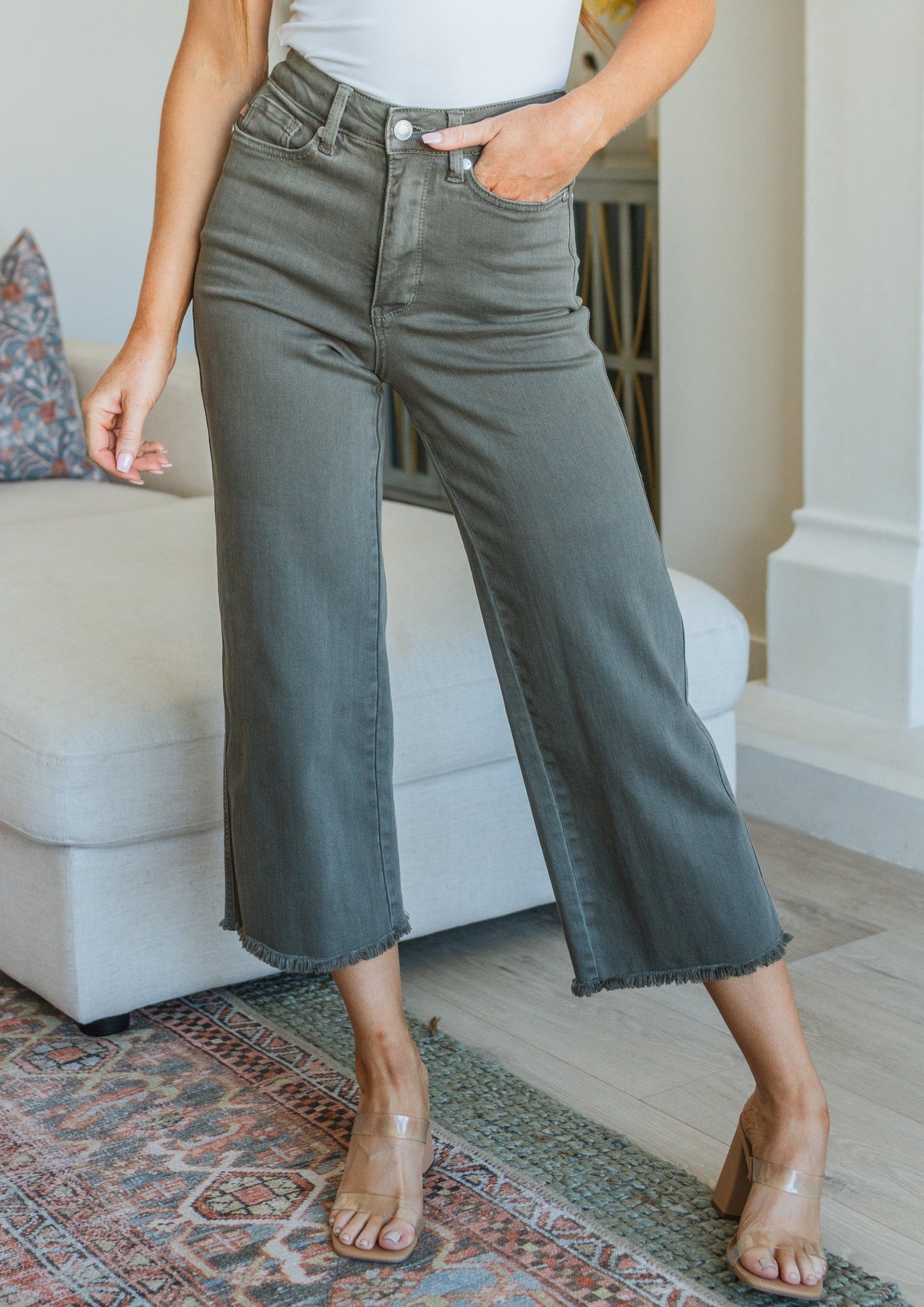Harvey High Rise Control Top Wide Leg Crop Jeans in Olive