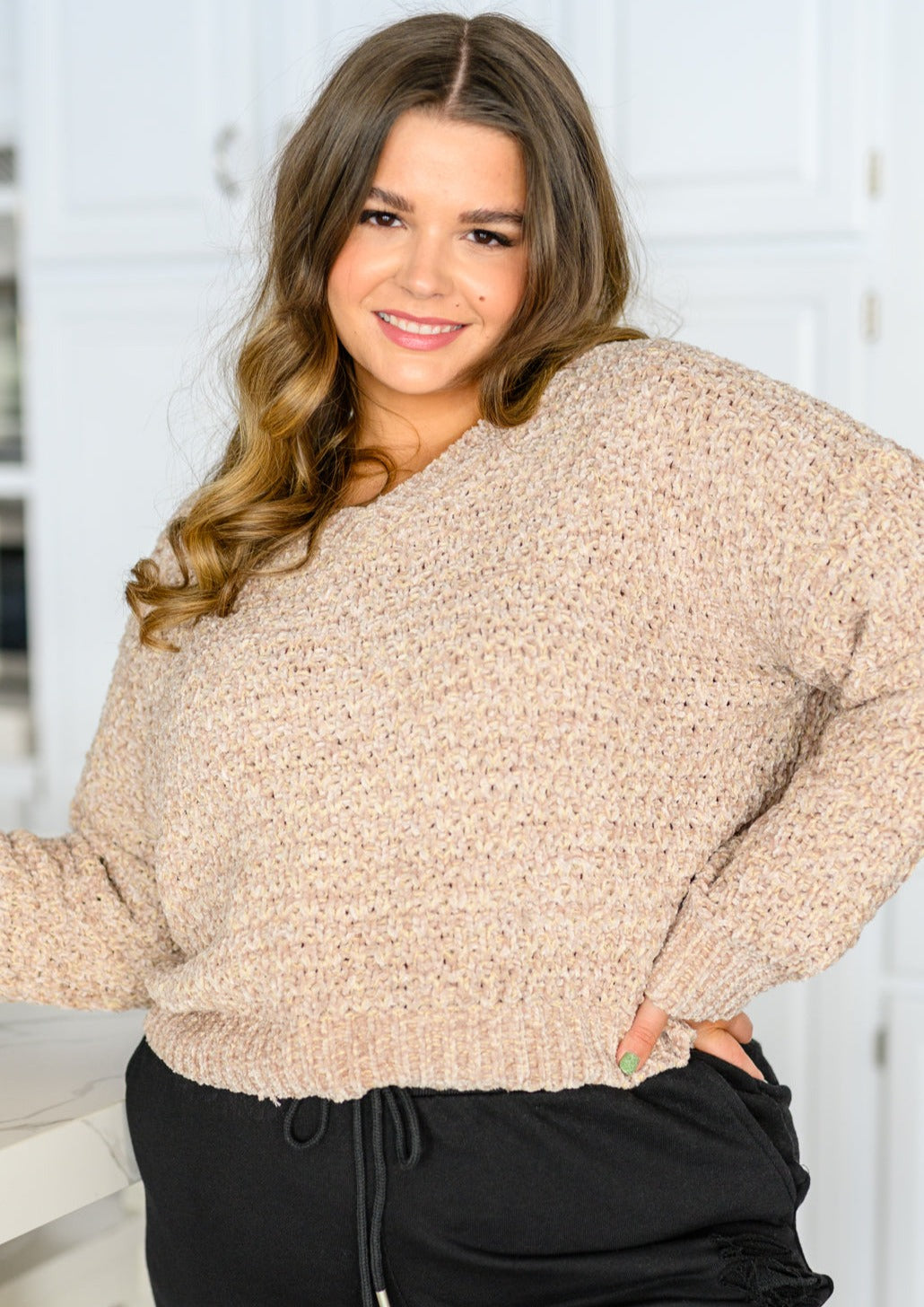 Irish Coffee Knitted Crop V Neck Sweater