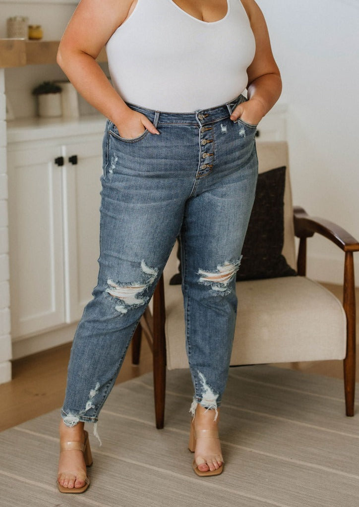 Josie High Rise Button Fly Boyfriend Jeans