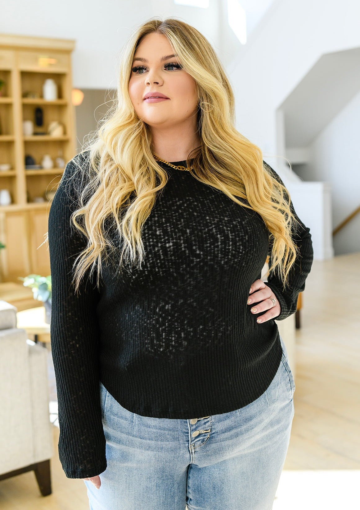 Little Talks Ribbed Long Sleeve Top in Black