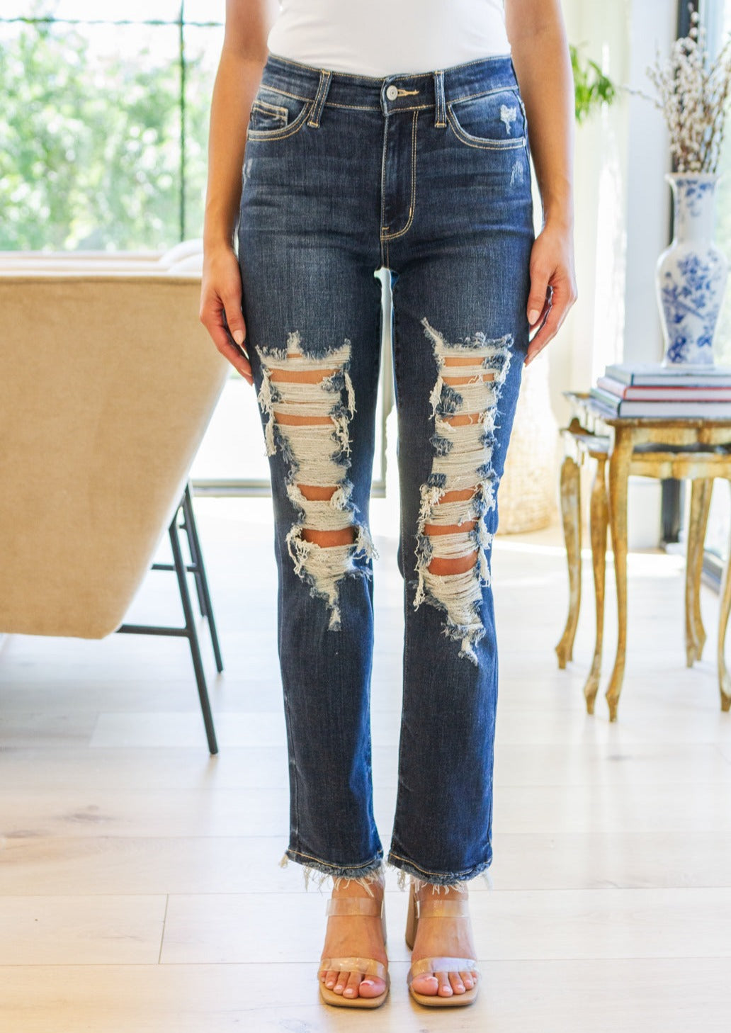 Sloane Mid Rise Heavy Destroyed Straight Jeans