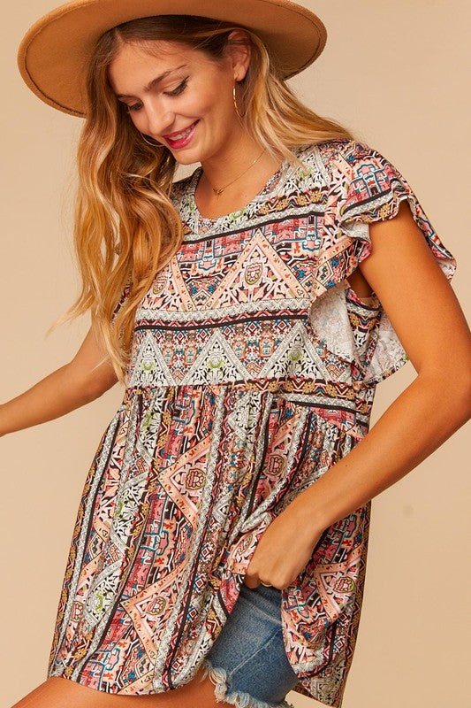 Payton Geometric Boho Babydoll Top - Our Little Secret Boutique