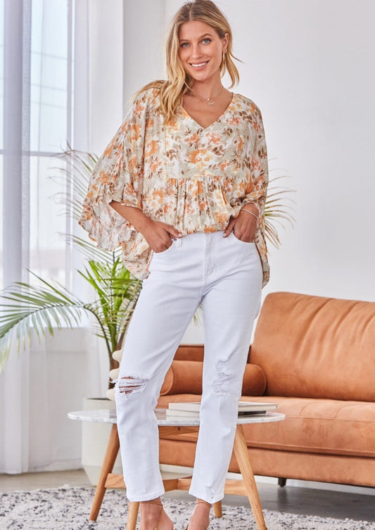 Charlotte Flowy Poncho Blouse with Ruffle Sleeves