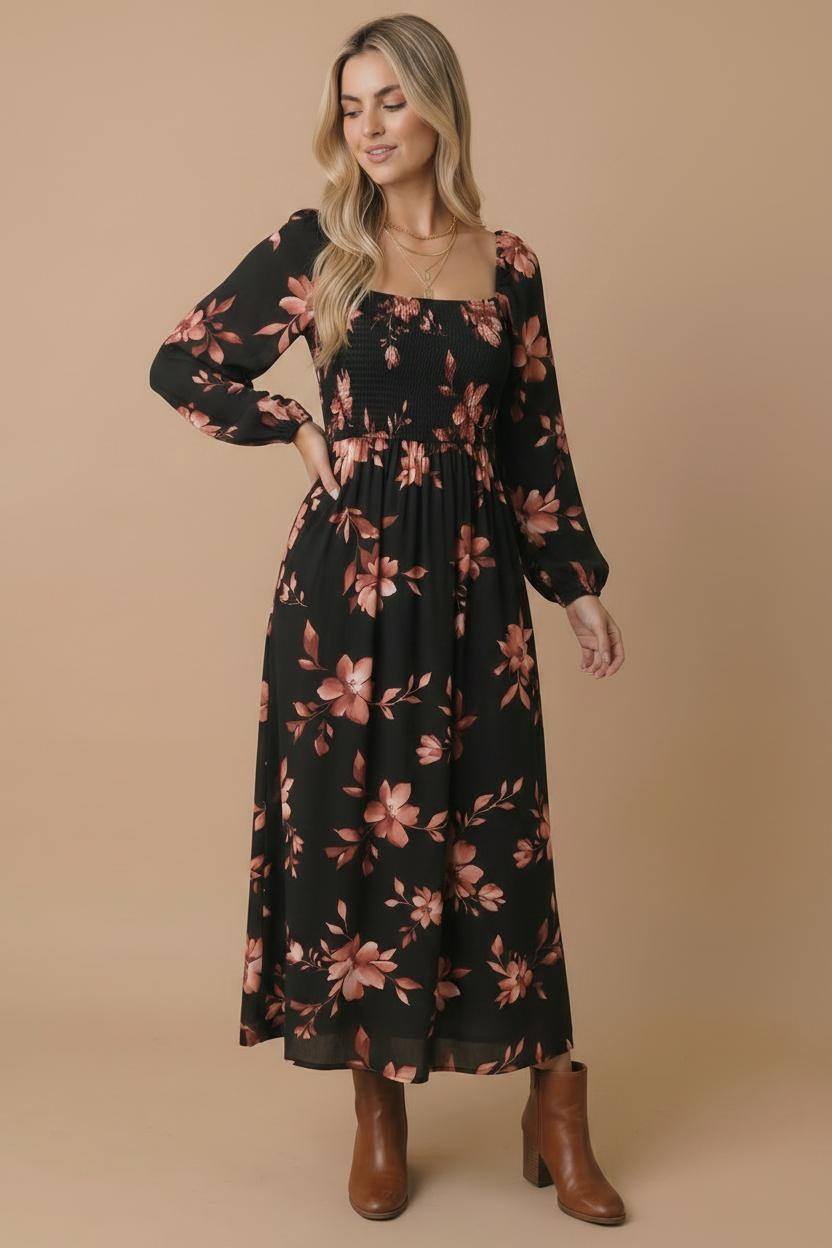 Bonnie Floral Midi Dress | Black