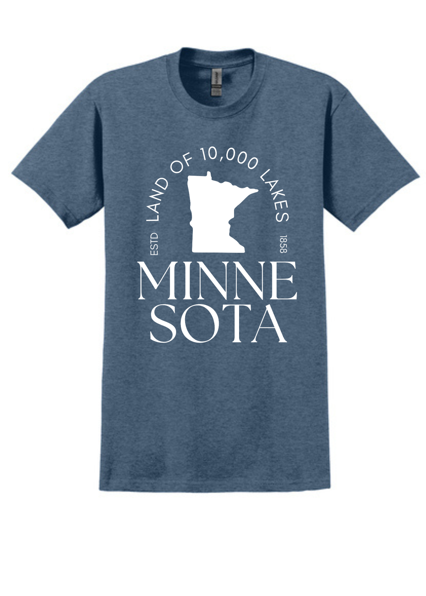 Heathered blue unisex t-shirt featuring a bold white graphic of the state of Minnesota, with the phrase “Land of 10,000 Lakes” encircling the silhouette. Below the graphic, elegant serif text reads “MINNESOTA” split across two lines. Includes subtle “ESTD 1858” details, nodding to the state's founding. Soft cotton-blend fabric with a classic fit—perfect for showing off Midwest pride in comfort and style.