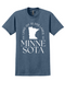 Heathered blue unisex t-shirt featuring a bold white graphic of the state of Minnesota, with the phrase “Land of 10,000 Lakes” encircling the silhouette. Below the graphic, elegant serif text reads “MINNESOTA” split across two lines. Includes subtle “ESTD 1858” details, nodding to the state's founding. Soft cotton-blend fabric with a classic fit—perfect for showing off Midwest pride in comfort and style.
