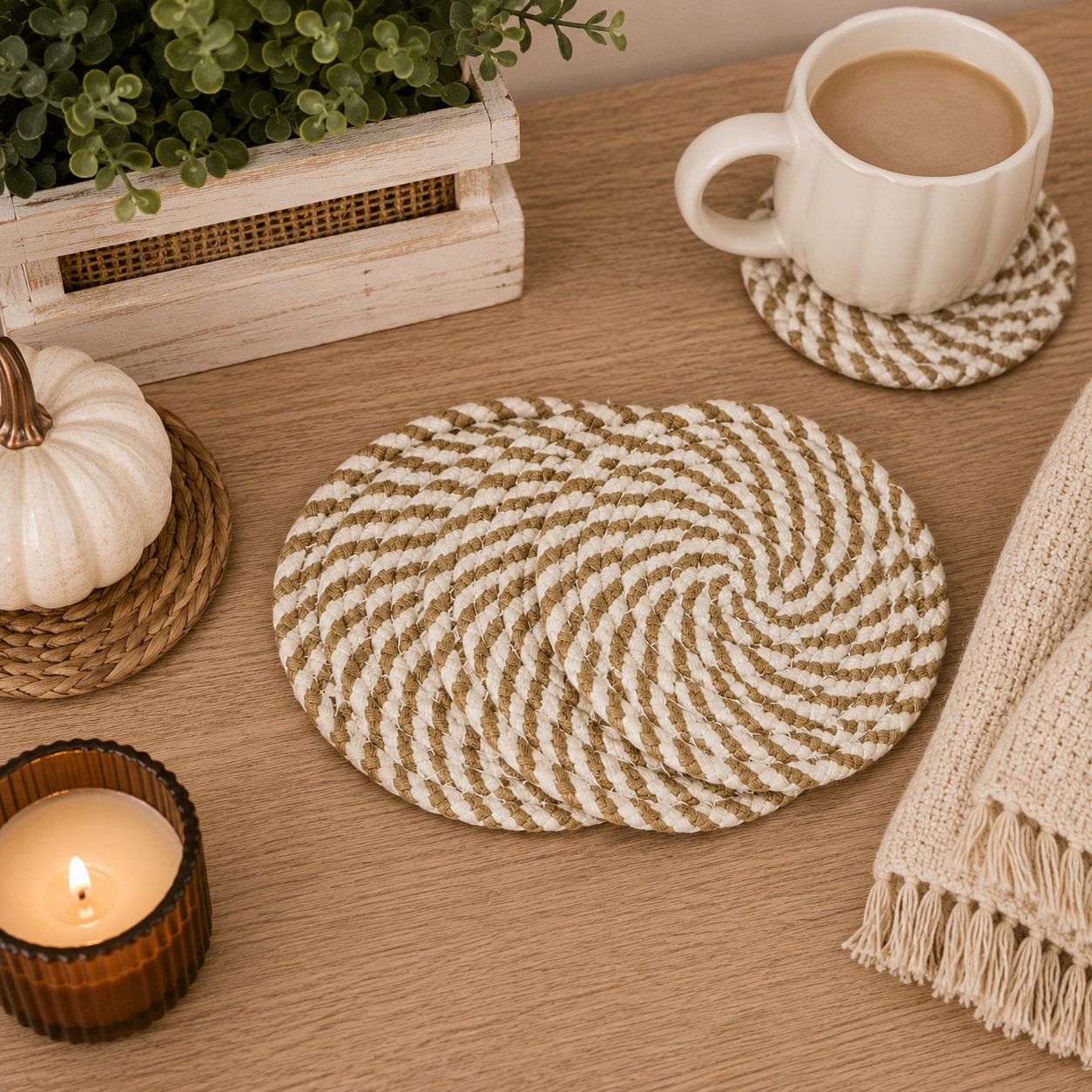 Autumn Fabric Coasters | Brown + White