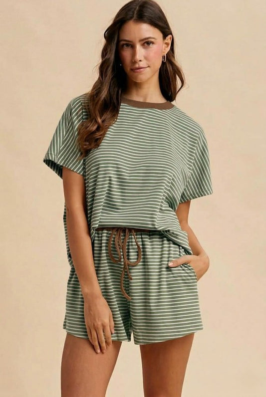 Carolyne Striped Knit Top & Shorts Set | Olive/Brown