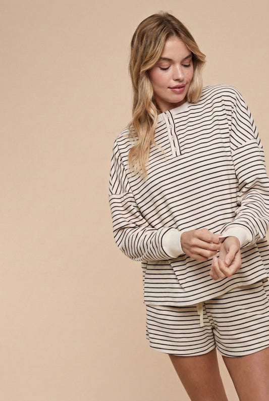 Talia Pin Stripe Pullover & Shorts Set | Latte