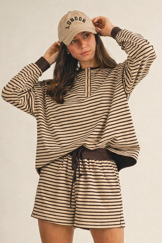 Talia Pin Stripe Pullover & Shorts Set | Latte