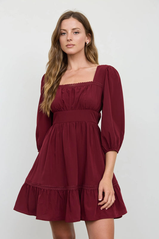 Simone Square Neck Mini Dress | Burgundy