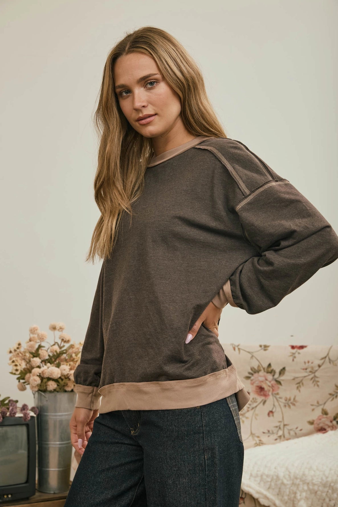 Louisa Exposed Seam Long Sleeve Top | Brown
