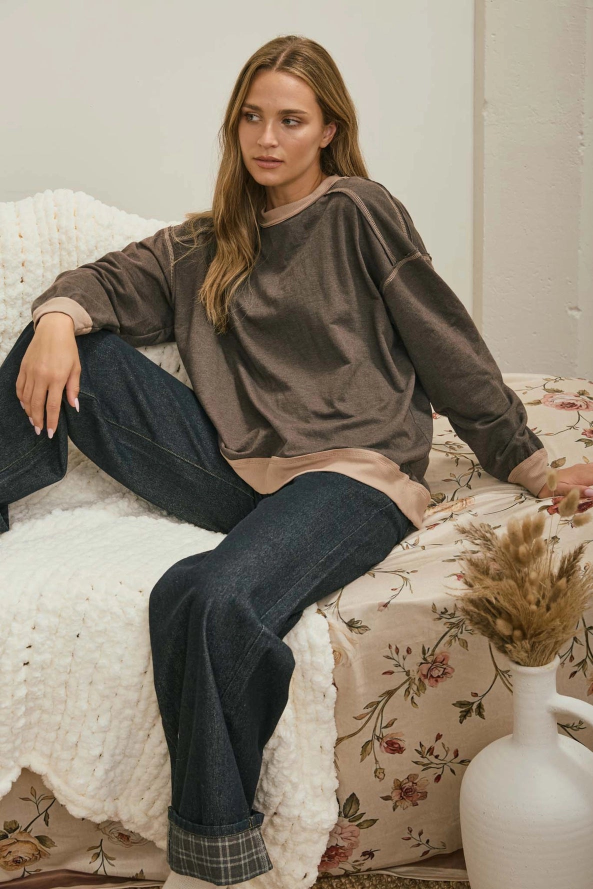 Louisa Exposed Seam Long Sleeve Top | Brown