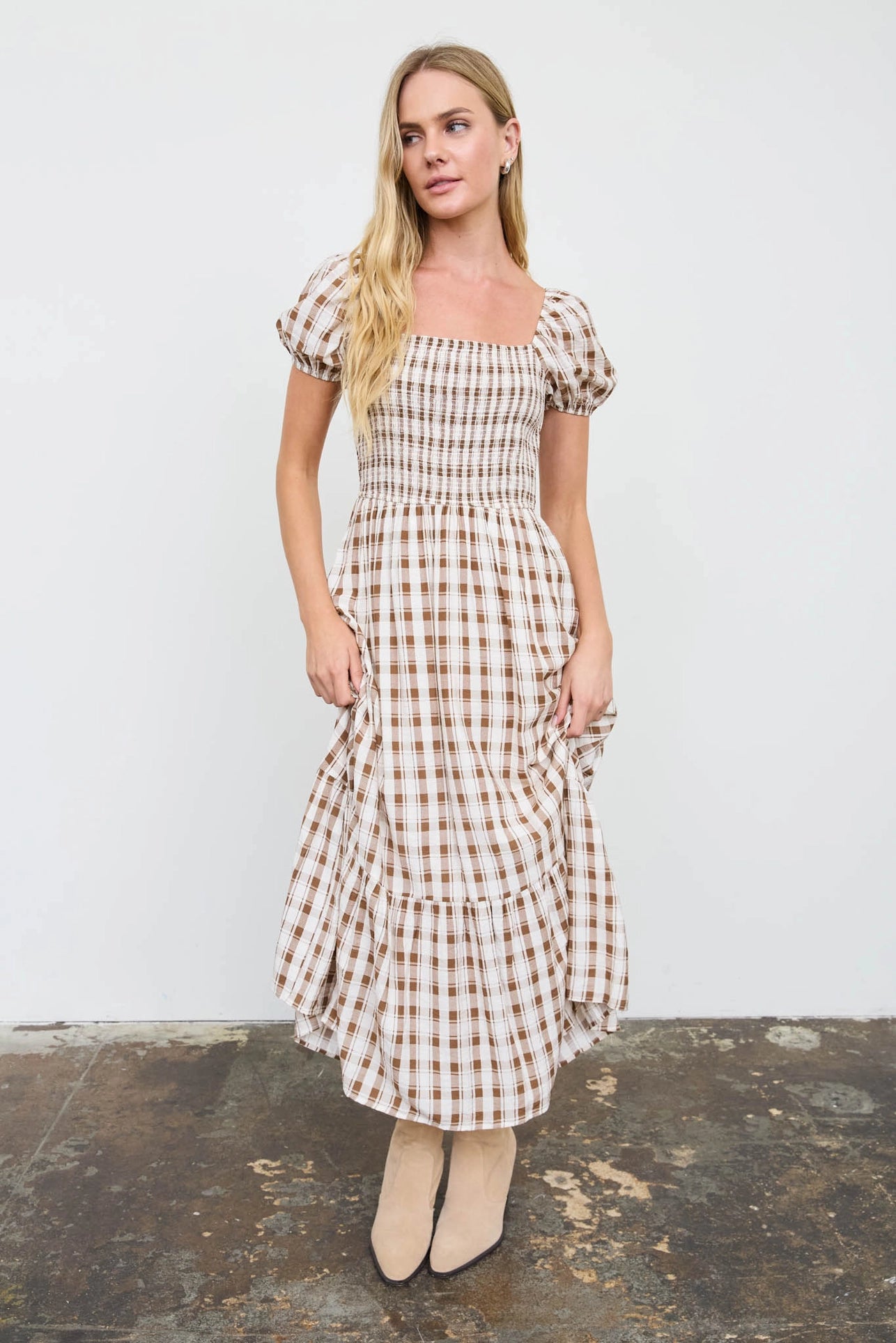 Leah Plaid Midi Dress | Brown