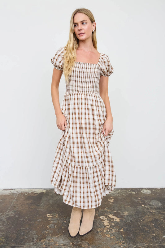 Leah Plaid Midi Dress | Brown