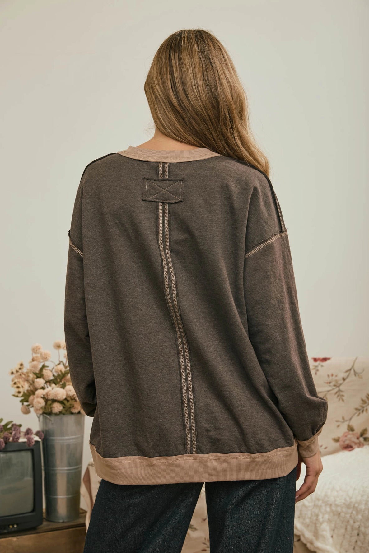 Louisa Exposed Seam Long Sleeve Top | Brown