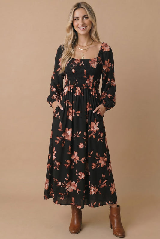 Bonnie Floral Midi Dress | Black