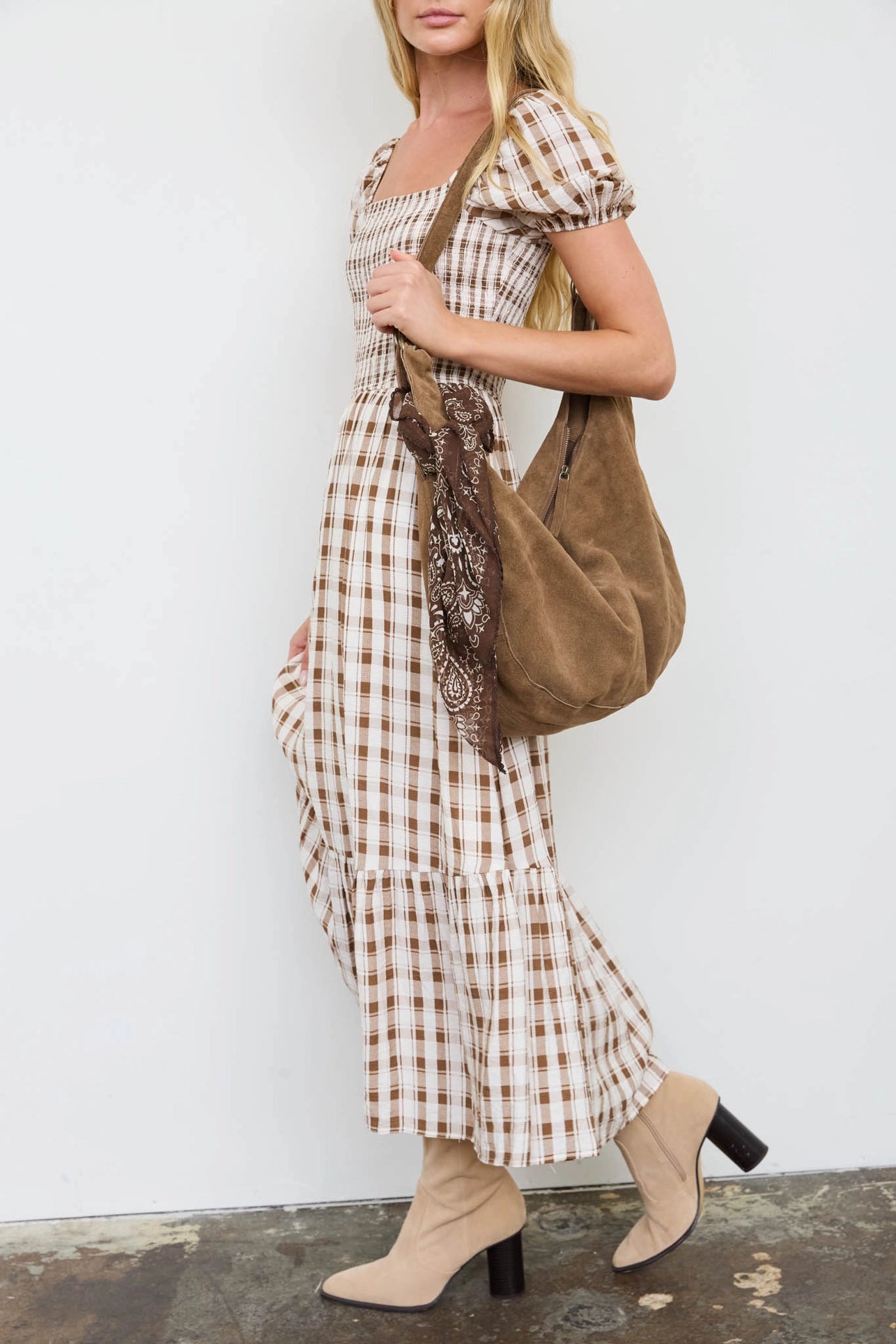 Leah Plaid Midi Dress | Brown