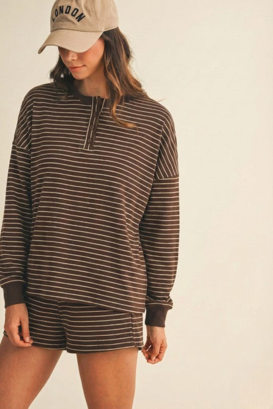 Talia Pin Stripe Pullover & Shorts Set | Chocolate