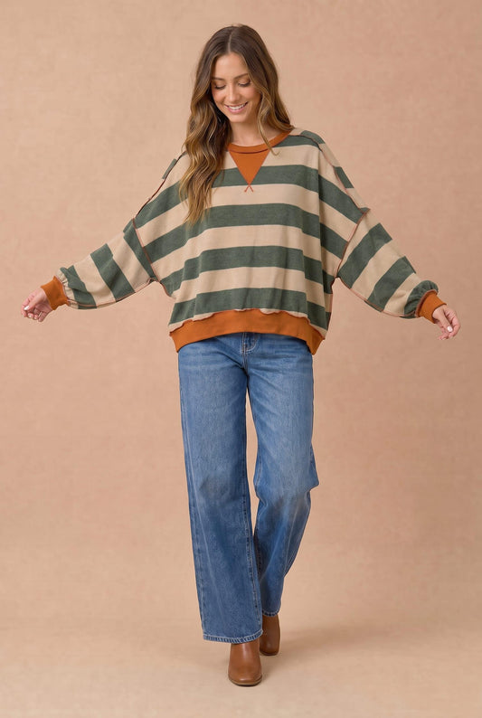 Celia Stripe Pullover | Olive + Rust