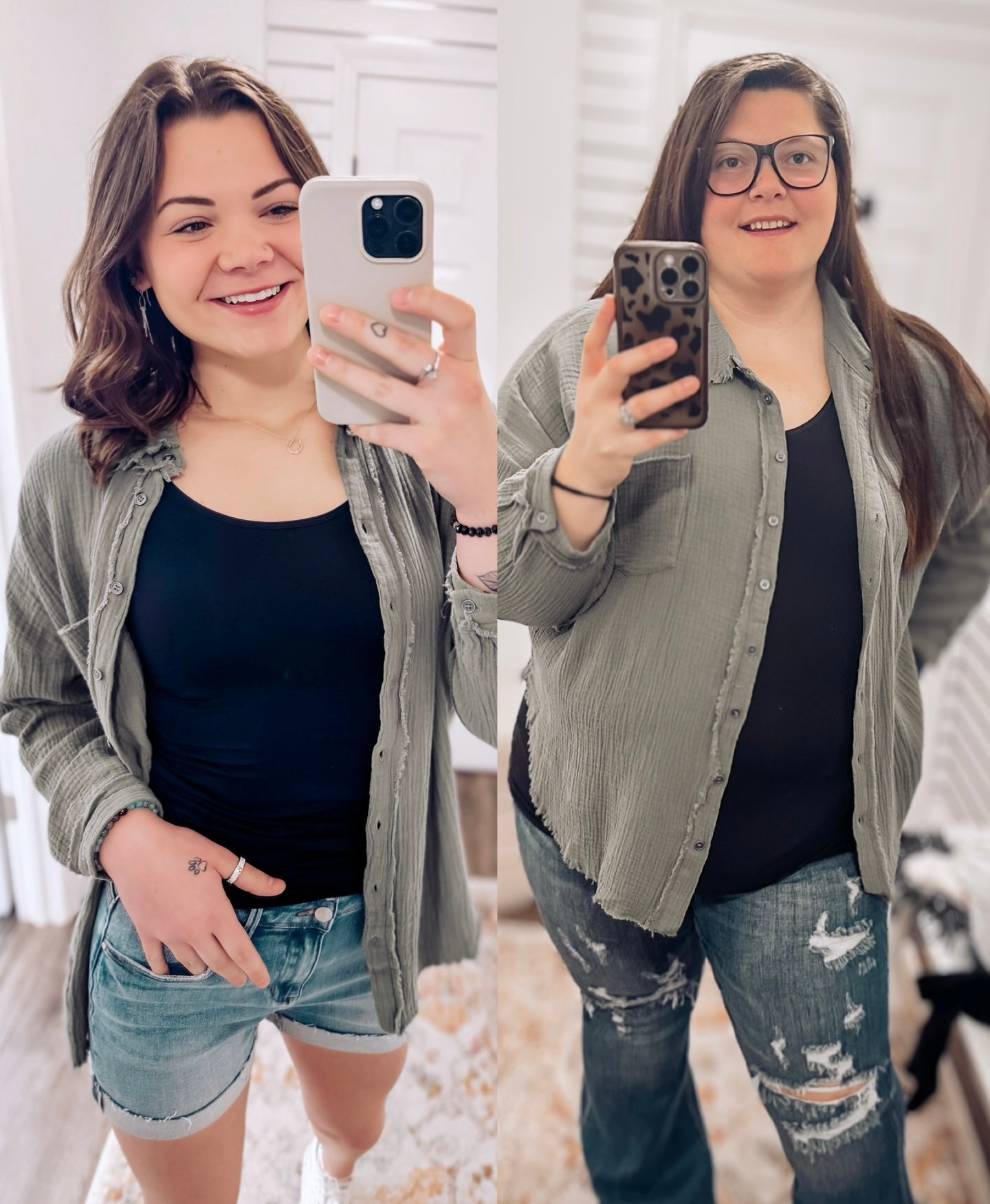 Women's oversized button-down shirt in light olive, crafted from a textured gauze fabric for a breathable and lived-in feel. Features raw-edge detailing on the collar and hem, front chest pocket, and functional button closures down the front. Drop shoulders and a relaxed fit make it ideal for layering over tanks or tees. A soft, casual essential for effortless cool-weather layering or breezy summer nights.