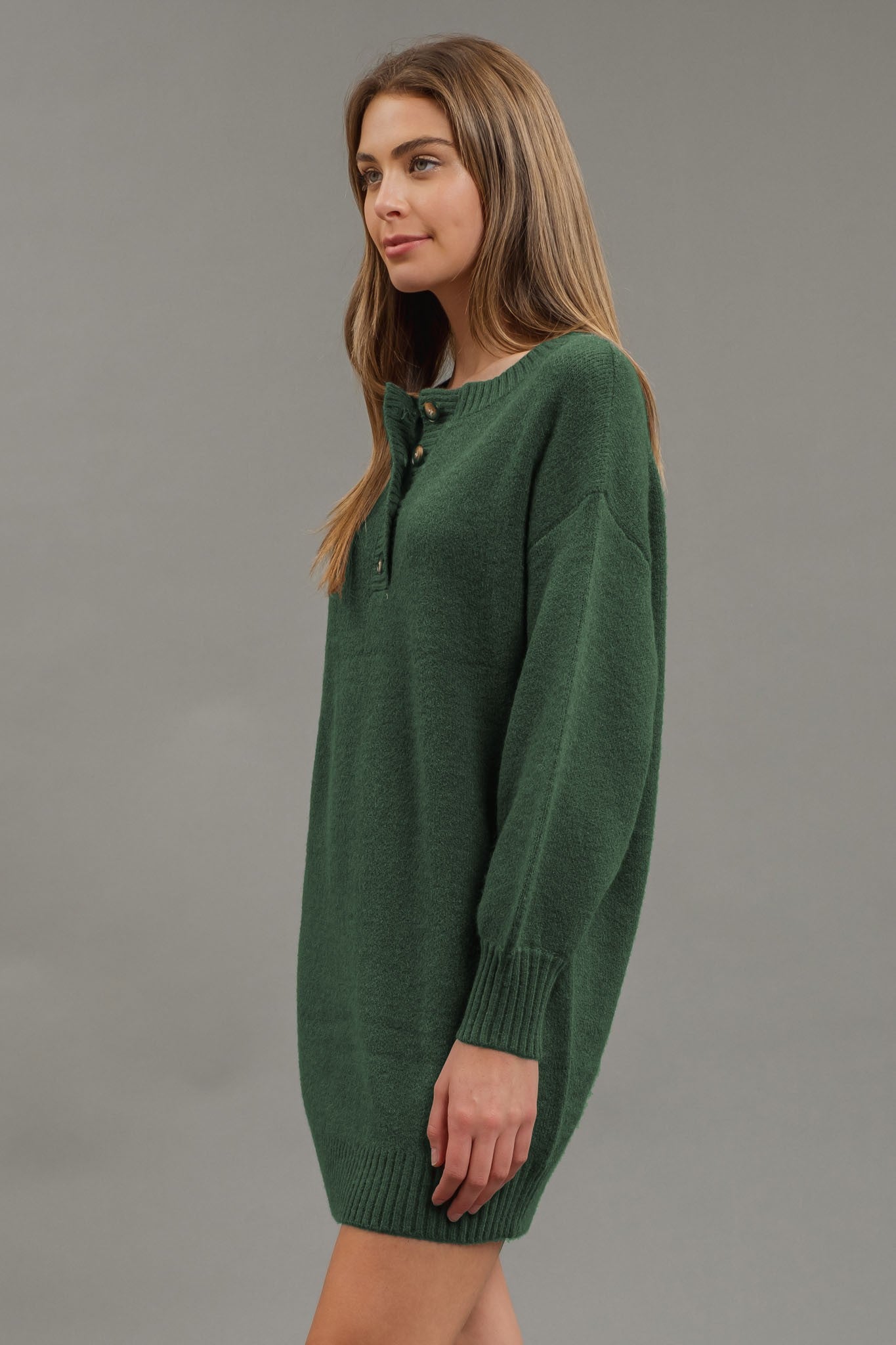 green sweater mini dress Green Ribbed Button Sweater Dress