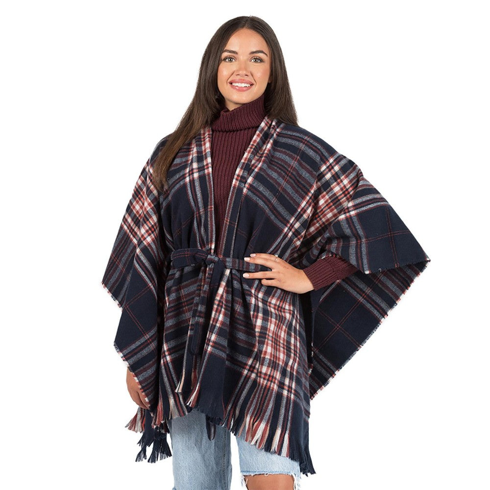 Arlaina Plaid Wrap Poncho | Navy