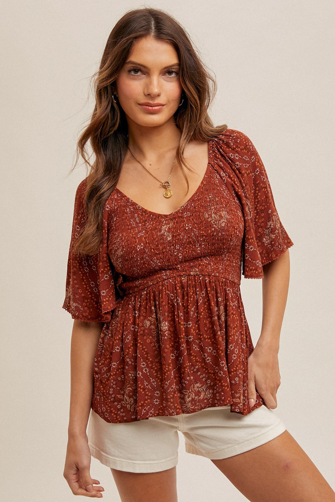 Autumn Floral Smocked Peplum Top | Rust