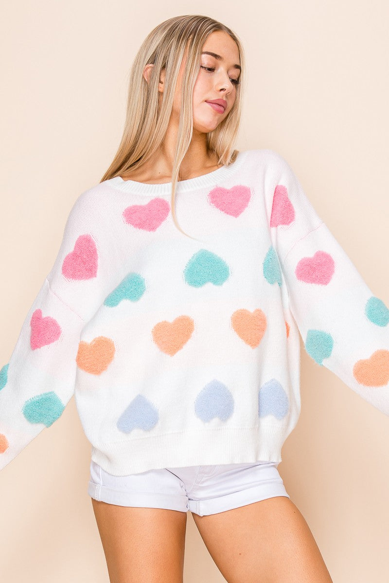 Be Mine Pastel Hearts Sweater | White