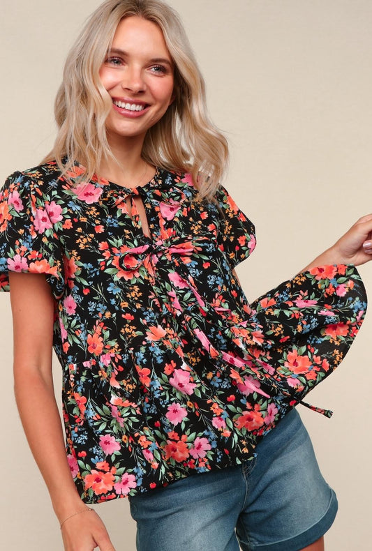 Bryah Floral Blouse w/ Front Ribbon Bows | Black