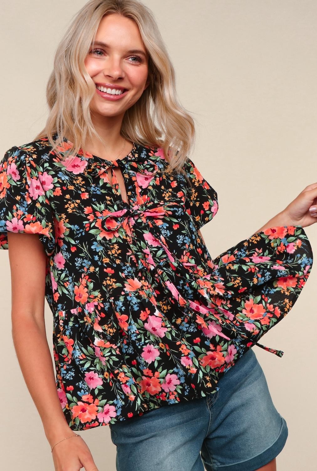 Bryah Floral Blouse w/ Front Ribbon Bows | Black