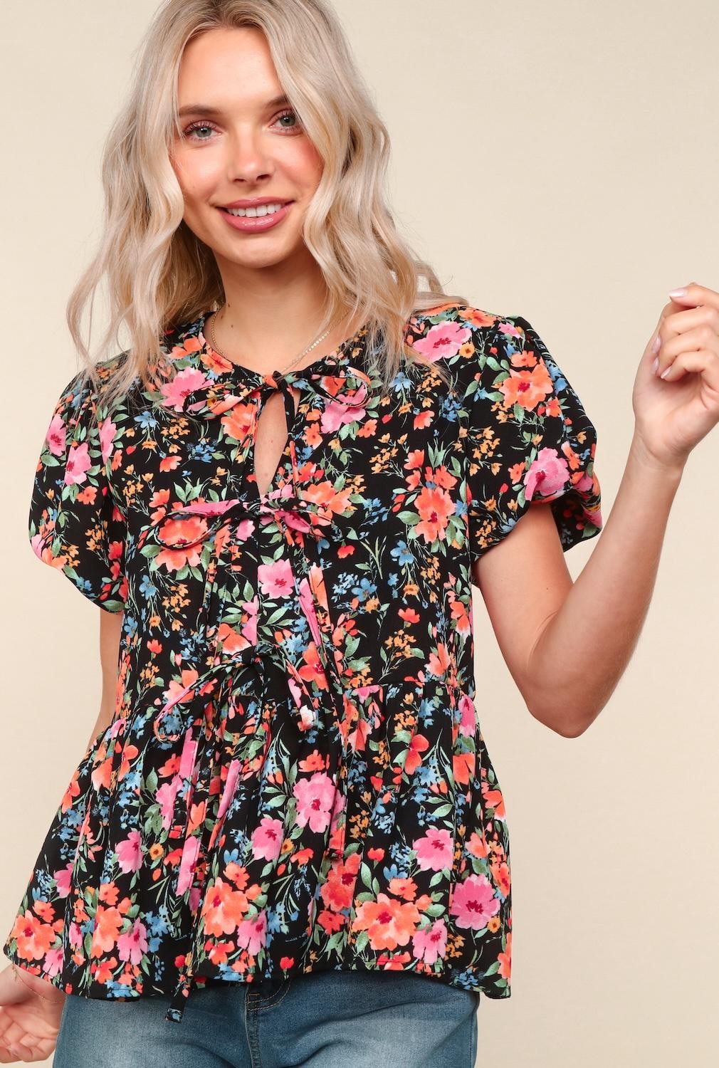 Bryah Floral Blouse w/ Front Ribbon Bows | Black