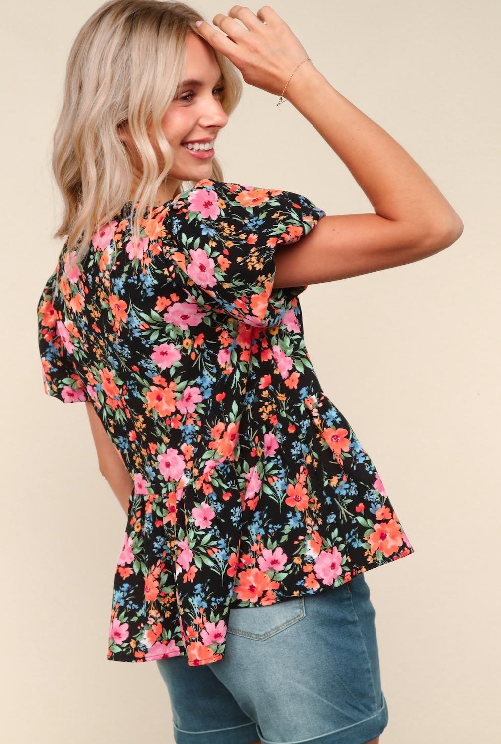 Bryah Floral Blouse w/ Front Ribbon Bows | Black