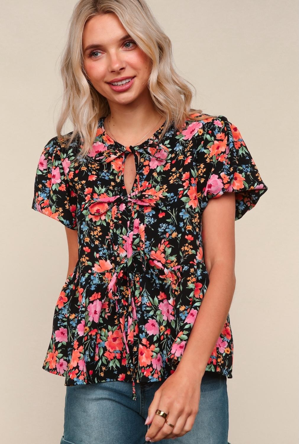 Bryah Floral Blouse w/ Front Ribbon Bows | Black
