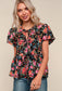 Bryah Floral Blouse w/ Front Ribbon Bows | Black