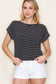 Woman wearing a black short-sleeve top with thin white horizontal stripes, a classic crew neckline, and rolled cuff sleeves with button accents. The top features a relaxed, drapey fit that pairs effortlessly with white cuffed shorts for a crisp, casual look. Perfect for everyday wear, this lightweight striped tee brings timeless style and comfort to your summer wardrobe.