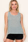 Woman wearing a casual sleeveless tank top with horizontal forest green and white stripes. The top features a scoop neckline and a relaxed, slightly flared silhouette that offers a breezy, comfortable fit. Styled with distressed dark-wash denim shorts, this easygoing look is perfect for everyday wear, beach days, or layering under summer cardigans and jackets.