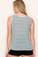 Woman wearing a casual sleeveless tank top with horizontal forest green and white stripes. The top features a scoop neckline and a relaxed, slightly flared silhouette that offers a breezy, comfortable fit. Styled with distressed dark-wash denim shorts, this easygoing look is perfect for everyday wear, beach days, or layering under summer cardigans and jackets.