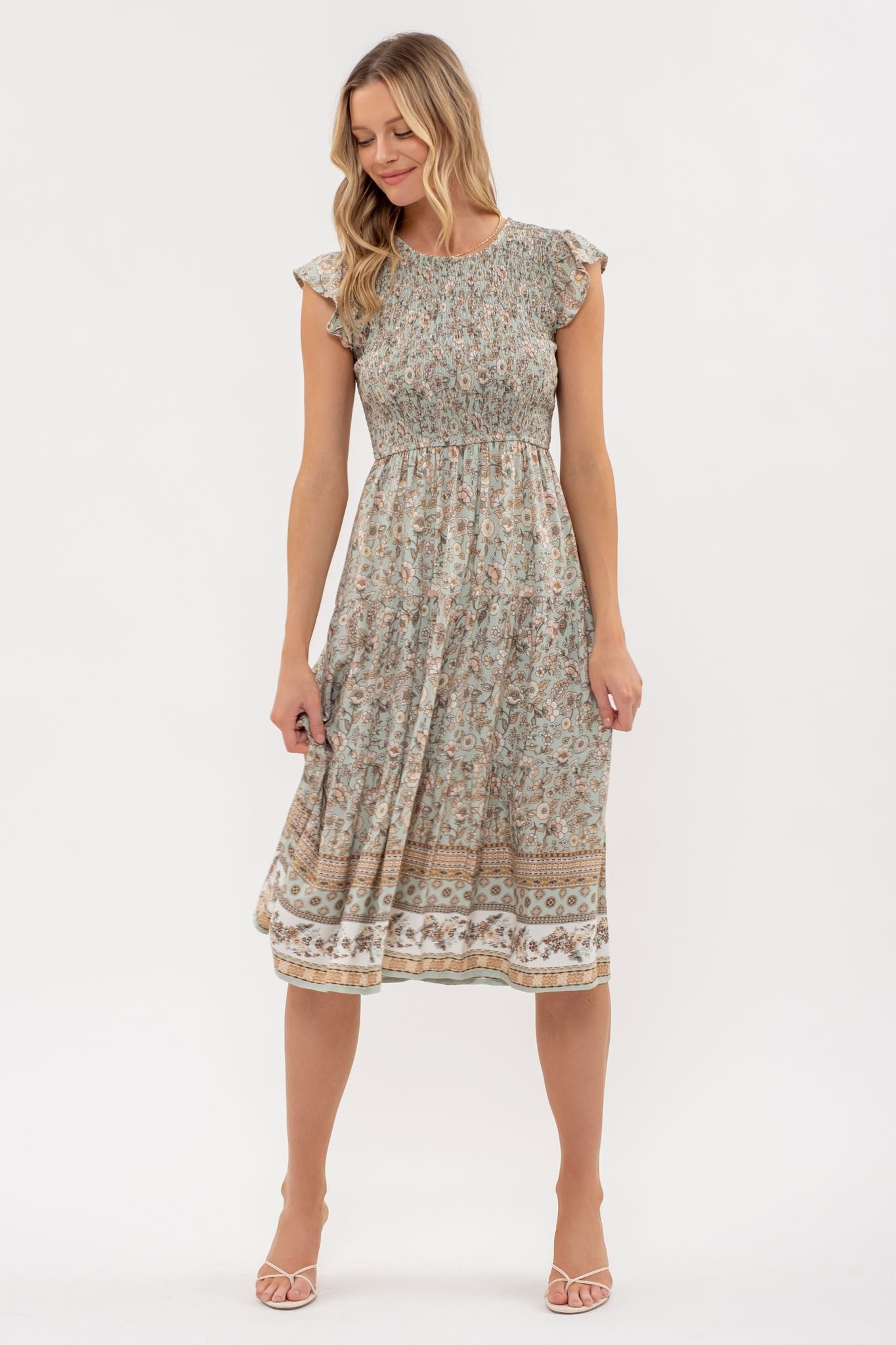 Daphne Smocked Floral Midi Dress | Mint